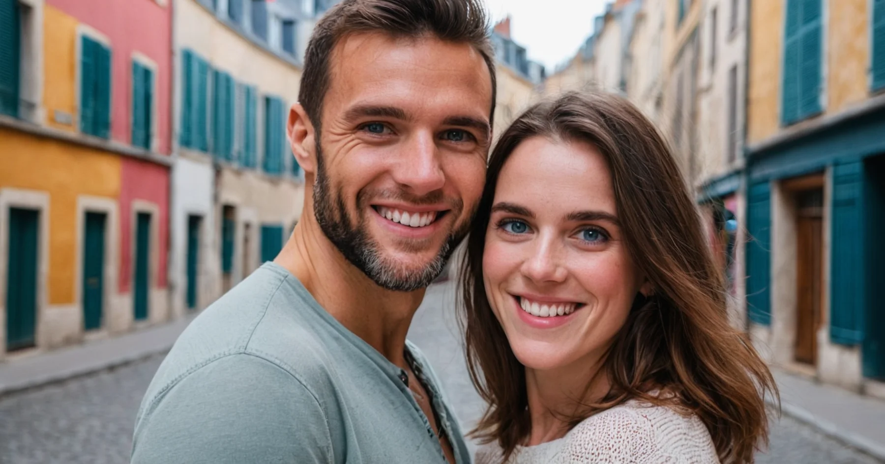 Un couple souriant dans une rue pavée aux façades colorées